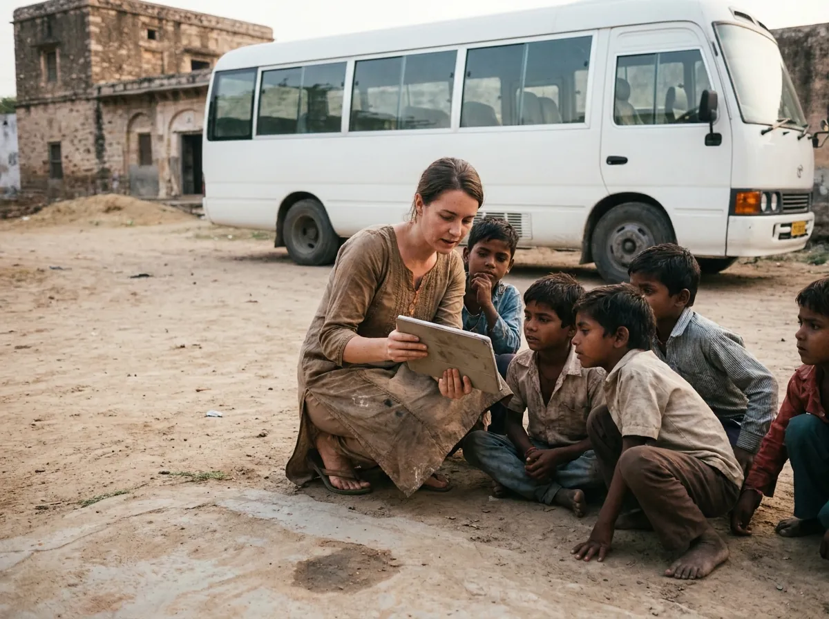 A volunteer teacher showing a tablet to village children next to a mobile learning minibus