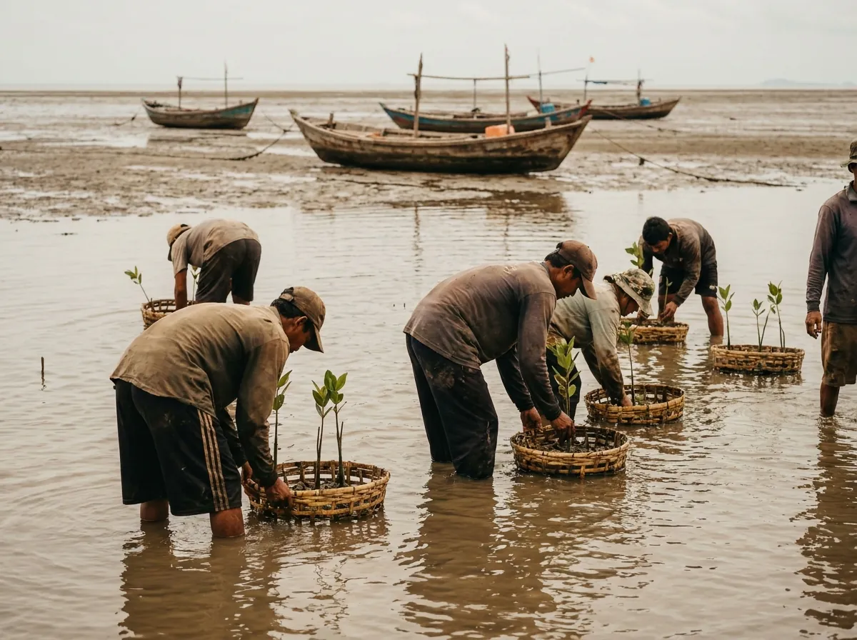 Villagers planting mangrove seedlings in shallow coastal water