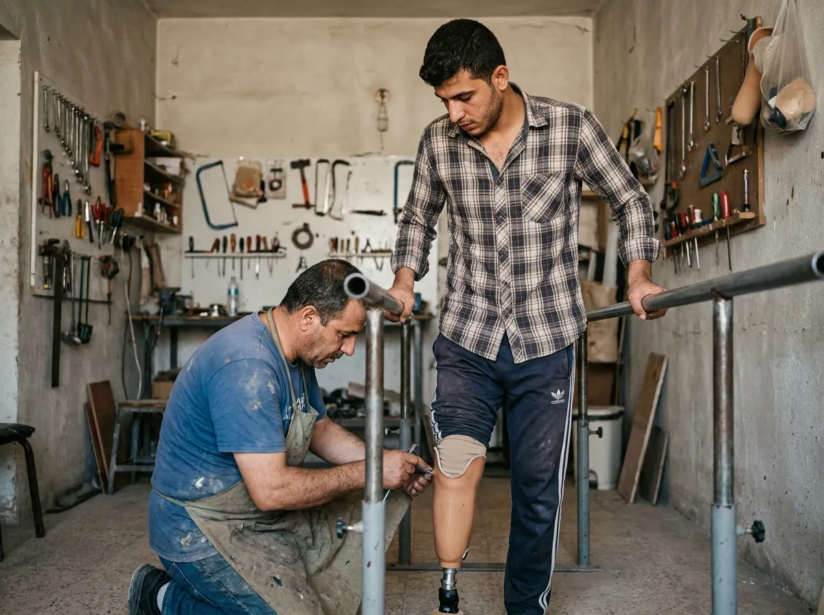 A prosthetist adjusting a prosthetic leg for a young man learning to walk between parallel bars