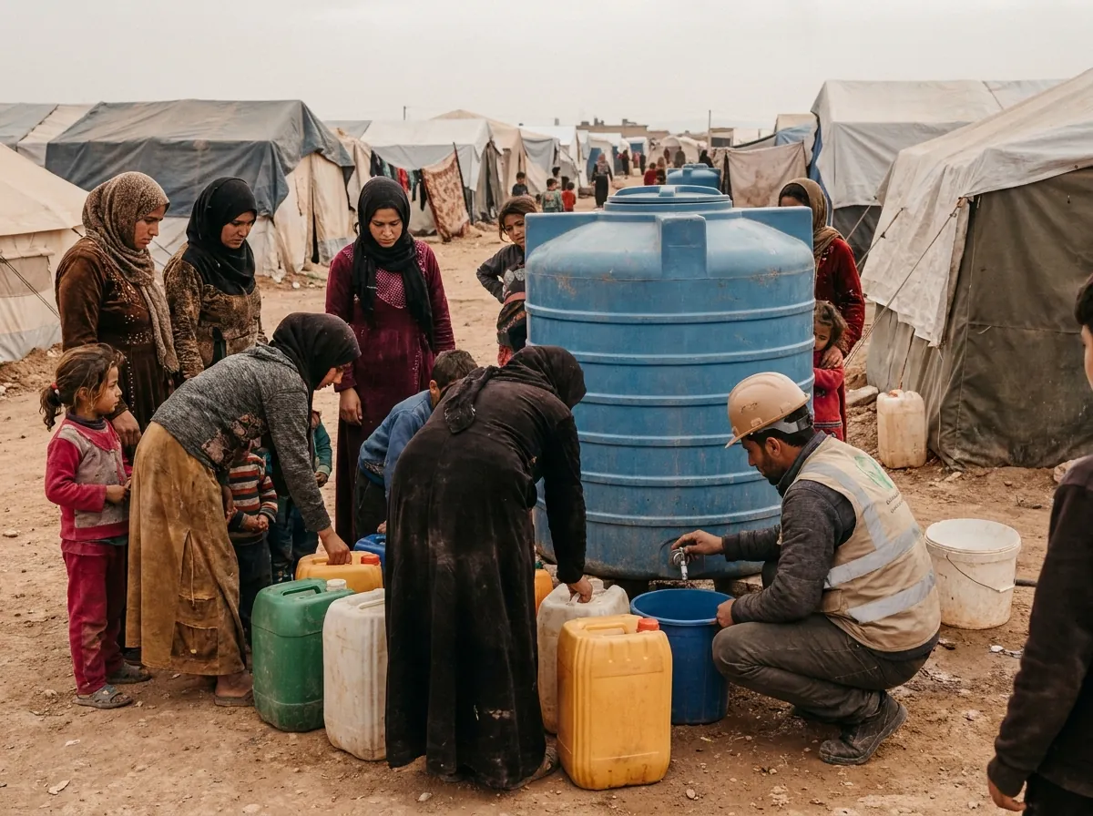 Women and children filling jerrycans at a water tank in a displacement camp
